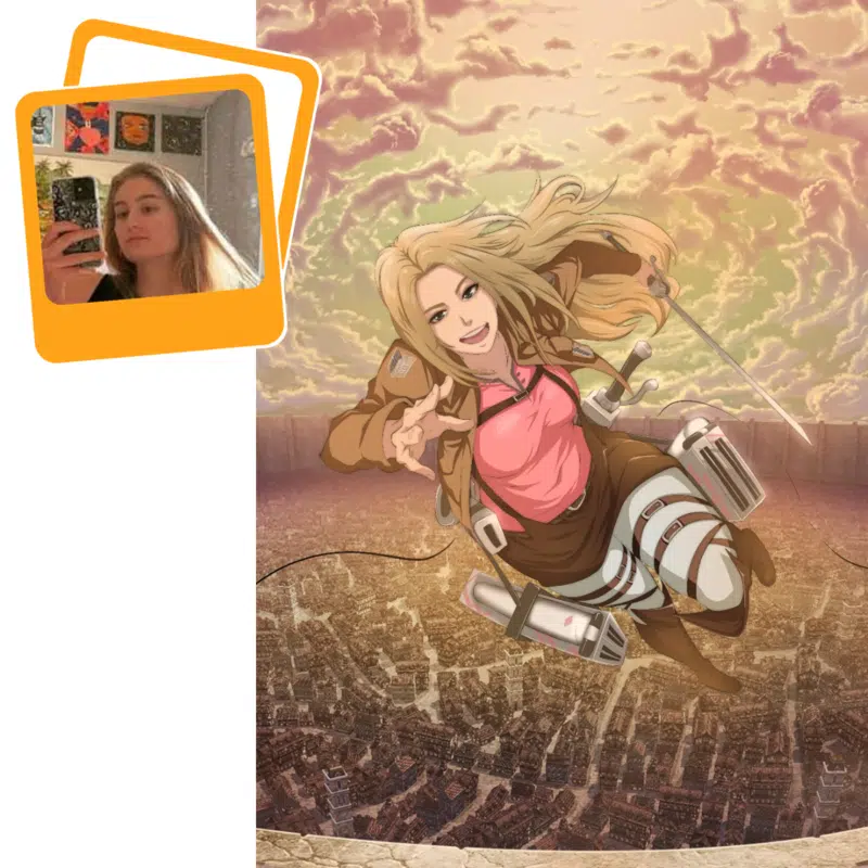 Personalized anime portrait drawing, stylized attack on titan style, in an action-packed pose.
