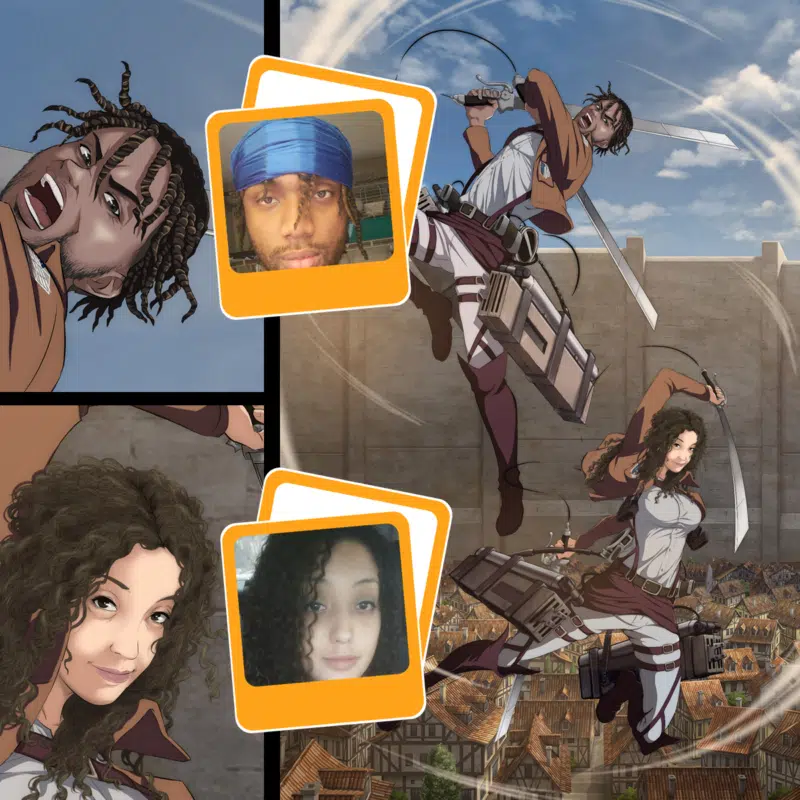 Custom anime portrait drawing of a person, unique attack on titan style, capturing the essence of the character.