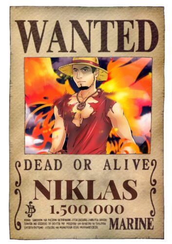 Anime-style portrait illustration, bold one piece wanted poster style, with intricate details.