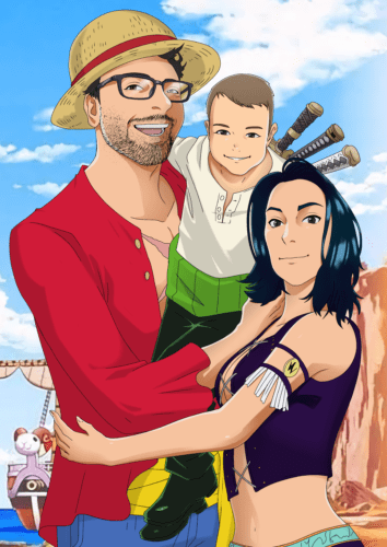 Personalized anime portrait drawing, modern one piece style, with bold color schemes.
