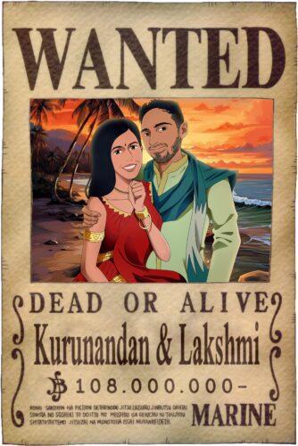 Custom anime portrait drawing of a person, unique one piece wanted poster style, with intricate details.