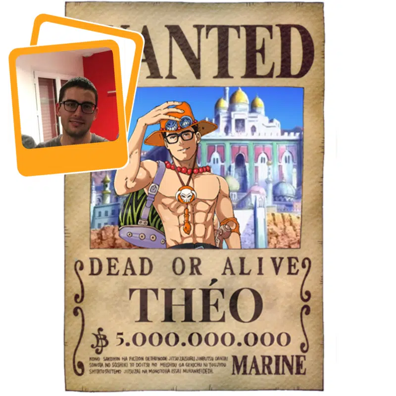 Anime-inspired portrait art drawing, stylized one piece wanted poster style, in a dynamic and expressive style.