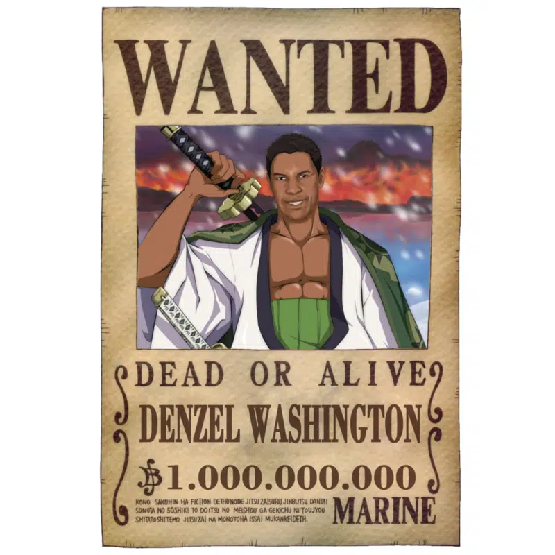 Custom anime portrait drawing of a person, detailed one piece wanted poster style, in a dynamic and expressive style.
